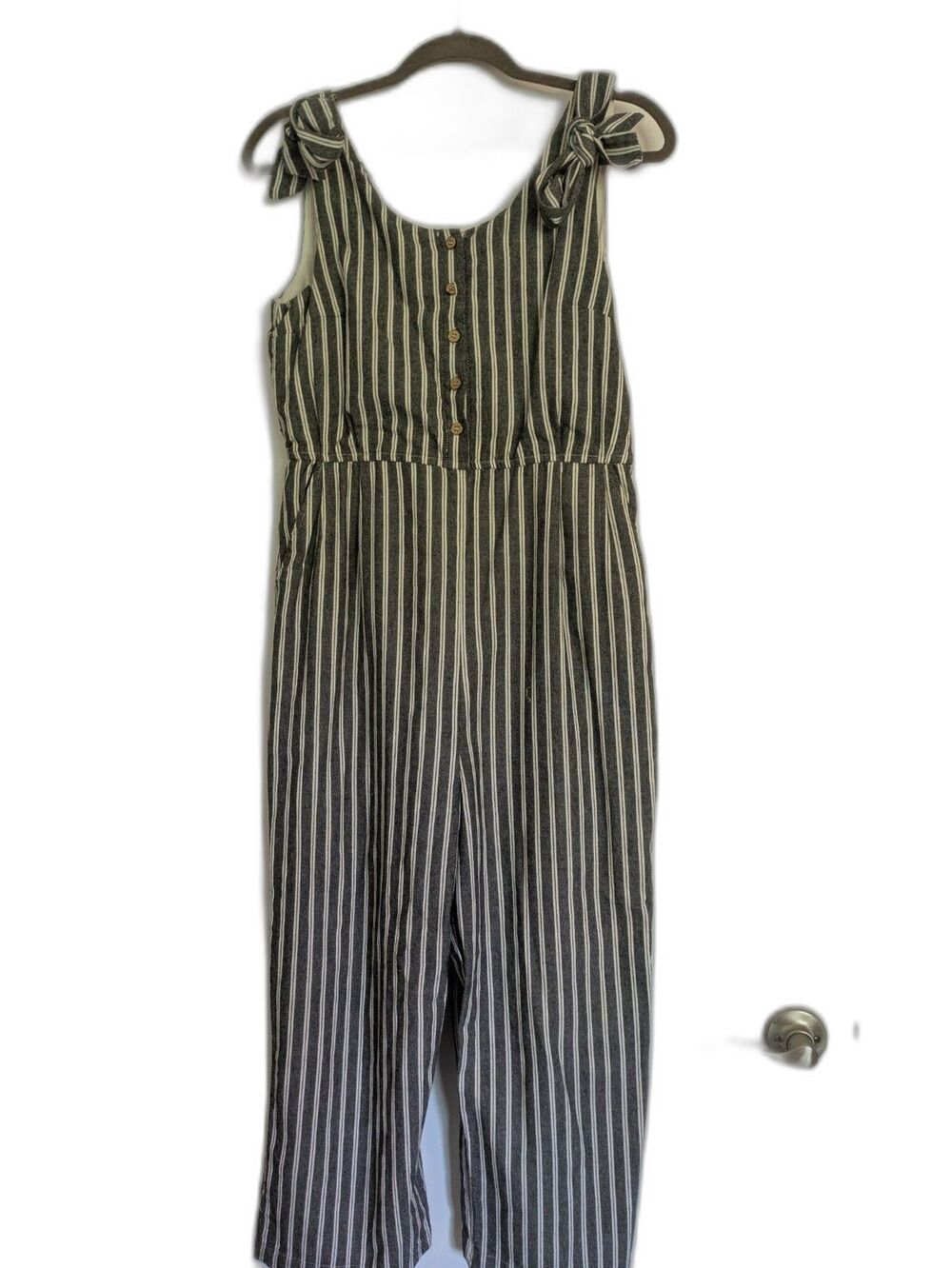Mod Ref Linen Romper Large Black White Striped Cropped Jumper Sleeveless Summer